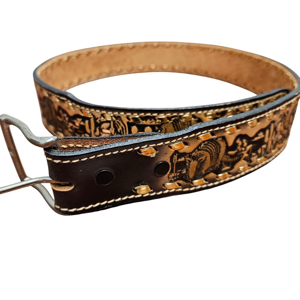 Ranch Pal Mens Brown Tooled Leather Western Belt Armadillo Steer Skull Size 34